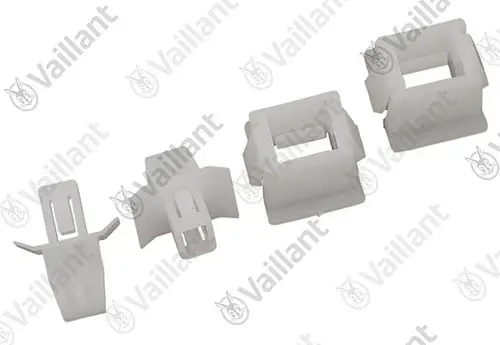 Vaillant Clips in unterschiedlicher Form, geeignet zur Befestigung oder Halterung, in einer weißen Ausführung auf hellem Hintergrund abgebildet.